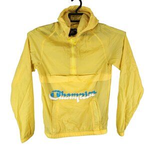Mens Champion Yellow Hooded Pullover Windbreaker Jacket 1/2 Zip Size XS